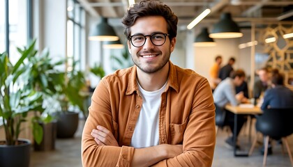 Fototapeta premium A professional man smiling confidently in a modern office setting