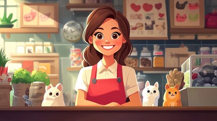 Smiling Woman Running Pet Shop with Cute Dogs