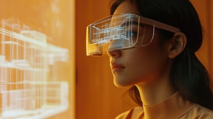 A woman uses augmented reality glasses to visualize and interact with a 3D architectural model.