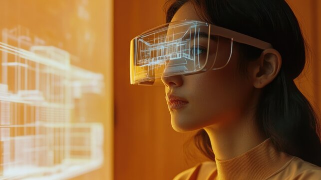 A woman uses augmented reality glasses to visualize and interact with a 3D architectural model.