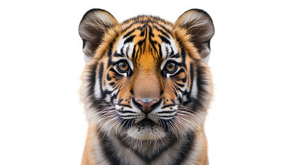 Obraz premium Tiger with stripes looking forward, isolated on white background