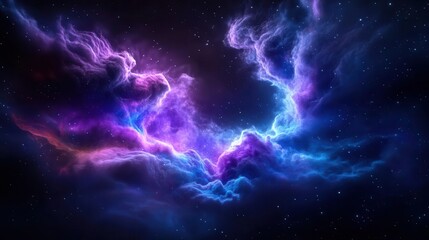 Fototapeta premium Abstract cosmic nebula with swirling pink and blue colors against a starry black background.