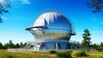 Obraz premium A futuristic, spherical observatory set against a bright blue sky, perfect for astronomical research. The building has a modern design