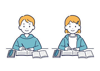 笑顔で机に向かって勉強する子どもたちのイラスト