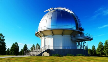 Fototapeta premium A white observatory building with a large dome, set against a clear blue sky and green grassy field, surrounded by trees