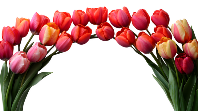 Top-down view of colorful tulips forming a half wreath, partial circle arrangement, isolated on white background