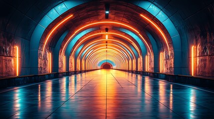 Futuristic tunnel bathed in vibrant neon light