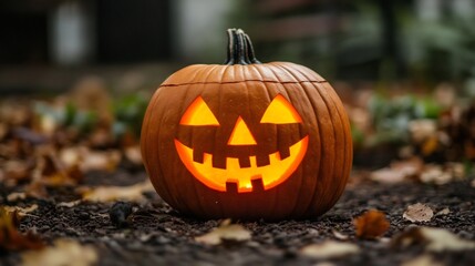Illuminated Jack-o'-Lantern: Autumnal Glow in the Garden