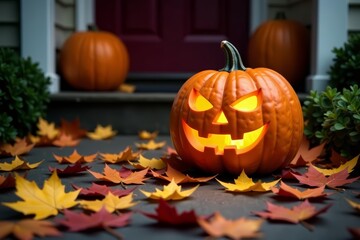 Obraz premium A jack o lantern surrounded by colorful autumn leaves on porch steps, pumpkin, porch