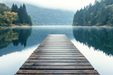 Naklejka premium Wooden dock leading into a calm lake surrounded by forest, symbolizing peace, solitude, and connection with nature. 