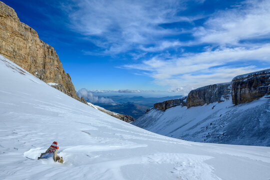 Scenic winter view of Monte Amaro in the Maiella range, Italy, with snow-covered mountains and a view to Val Taranta.