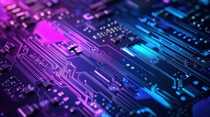 Close-up of circuit board with vibrant neon colors