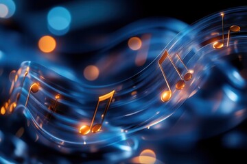 Abstract musical notes flowing in a wave on a dark blue background with bokeh lights.