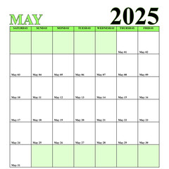 May 2025 Calendar Grid Light Green Simple Pocket or Wall Calendar Layout Without Background