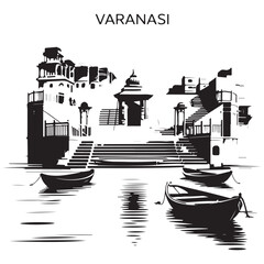 Black Silhouette of Varanasi Ghat Side View with Thick Outline

