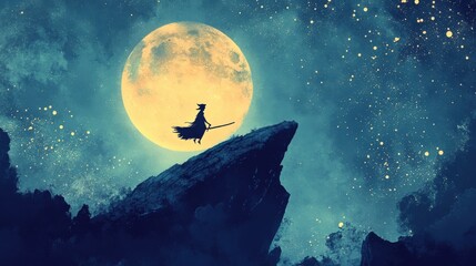 Silhouette of a witch flying on a broom at night, under a large moon.