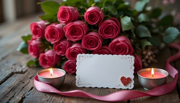 Rosenstrau&szlig; mit Blankolabel, romantische Dekoration mit Kerzen und Herzmotiv auf rustikalem Holztisch