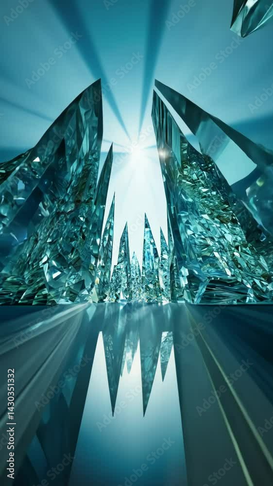 Poster a large blue crystal structure with many small crystals. the structure is very tall and has a lot of