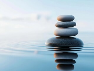 Stack of stones on water with ripples and sky background.