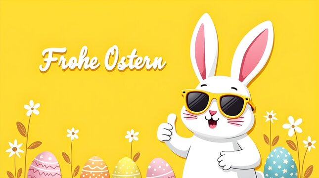 Frohe Ostern Festivit&auml;t Konzept German text on a greeting card: Coller Osterhase Kaninchen with sunbeams, daumen above, and isolation on gelbem