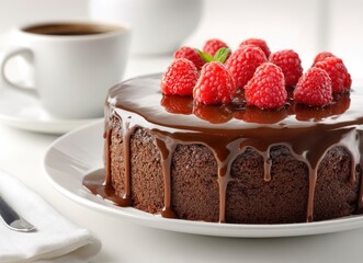 Chocolate Cake with Raspberry Garnish and Coffee
