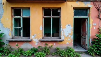 Obraz premium An old decaying building showcasing broken windows and worn-out facade, ruin, architecture