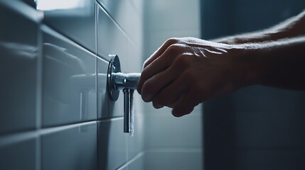 Hand Turning a Shower Valve in a Tiled Bathroom