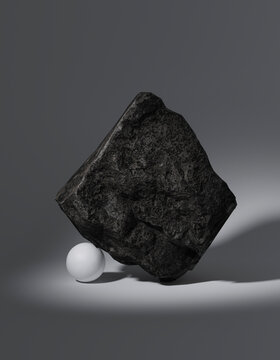 3D rendering of a minimalist composition with a stone and a sphere in balance