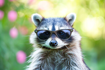 Obraz premium A stylish raccoon wearing sunglasses, looking cool and relaxed outdoors with a vibrant background.
