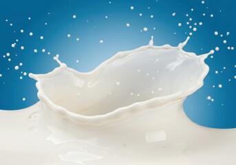 A vivid shot of milk splashing against a blue backdrop with droplets in motion and liquid texture