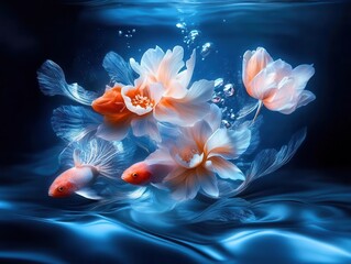 Goldfish swimming through ethereal white flowers in a blue underwater scene.