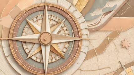 Textured Compass Rose Illustration, Navigation Symbol. Beige, Brown, and Gray Tones. Perfect for travel, adventure, and exploration themes. in flat design style