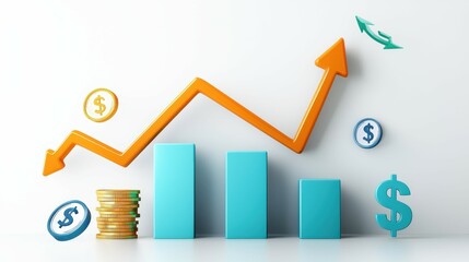 Colorful financial growth chart with coins and dollar symbols.