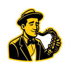 colored illustration of a jazz musician playing the saxophone wearing a hat and a suit