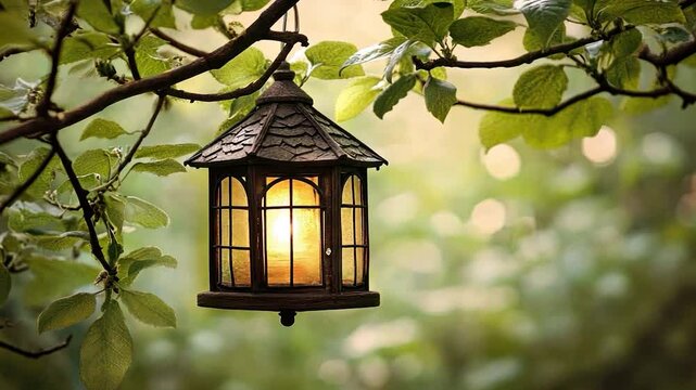 Garden lantern glows in tree