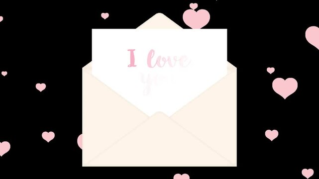 opening envelope with white paper and hearts animation with alpha channel for Mother&rsquo;s Day, Valentine's Day, Wedding, International Women's Day, etc.