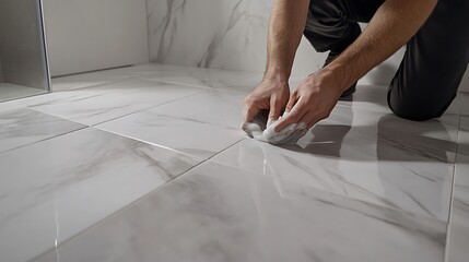 Person Cleaning Marble Tiles in a Bathroom
