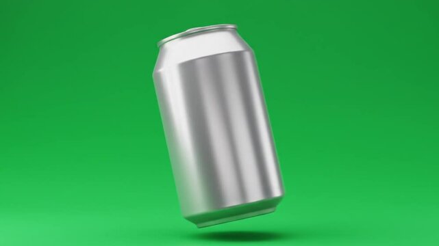 Silver can on green background suitable for beverage or food packaging design in a modern, sleek style. Refreshing and stylish.