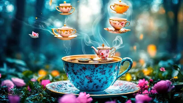 Magical teacups floating in a forest