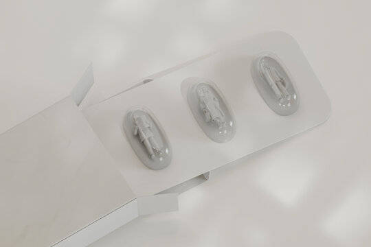 3D art of tiny people on capsules in a blister pack