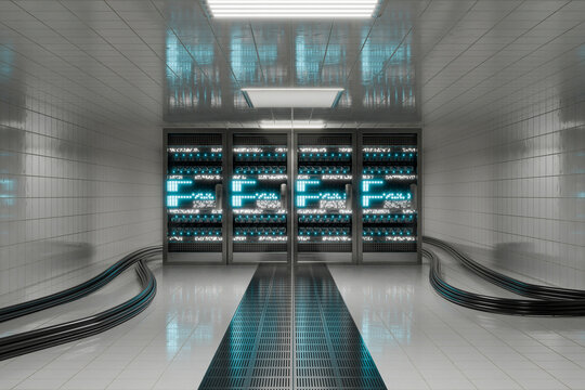 3D rendering of a modern server room with glowing lights and cables
