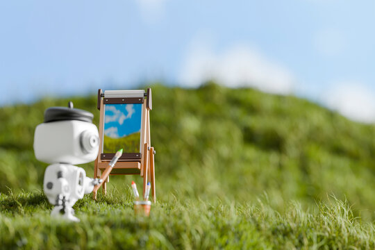 3D rendering of a robot painting a landscape outdoors