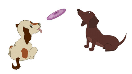 Set of two playful cartoon dog cliparts (spotted Spaniel, Dachshund) playing with a frisbee, isolated on transparent background. Perfect for children's books, games, and learning materials.