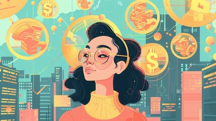 A woman with glasses surrounded by gold coins and buildings in a stylized vector illustration