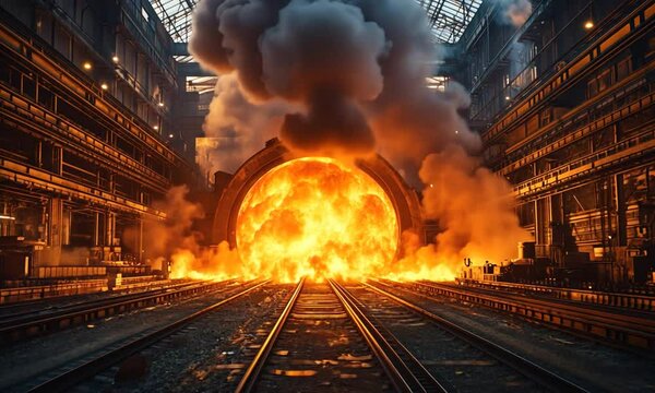 Intense industrial scene showcasing a fiery explosion at a train station with smoke billowing
