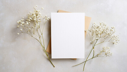 Greeting card and dried gypsophila flowers twigs on light beige background. Flat lay. Mock-up.