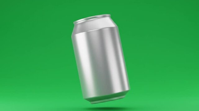 Silver can on green background suitable for beverage or food packaging design in a modern, sleek style. Refreshing and stylish.
