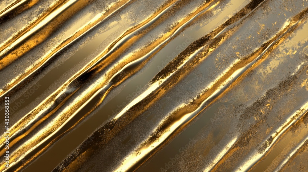 Wall mural abstract gold metallic texture with diagonal lines and wavy surface.