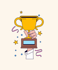 Hand holding up a golden trophy cup, surrounded by celebratory elements like stars, confetti, and ribbons Cartoon Vector Hand drawn Illustration for conveying achievement, success, and celebration