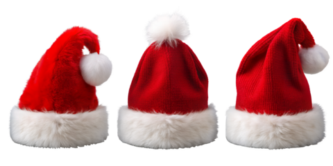 Festive Trio: A seasonal composition of three classic red Santa hats, each adorned with a plush white trim, capturing the spirit of Christmas.